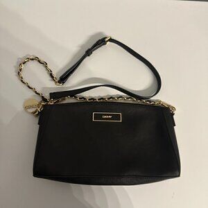 euc DKNY Small Purse - Long Chain, Black with Gold hardware